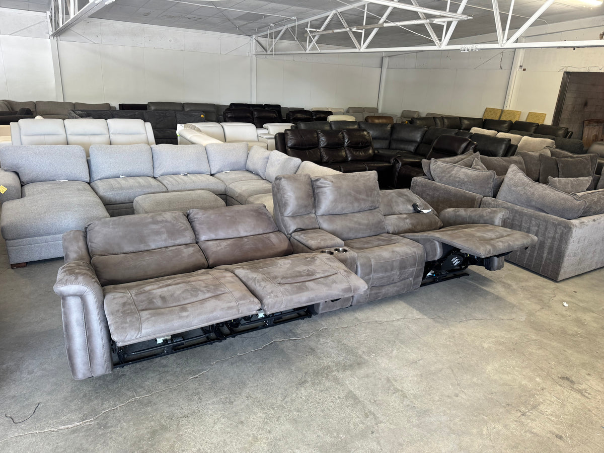 Modular Brown/Gray Power Reclining Theater Sofa w/ Adjustable Headrest