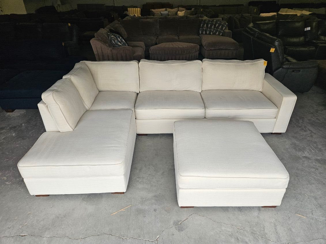 Beige Linen L-Shaped Sofa with Storage Ottoman