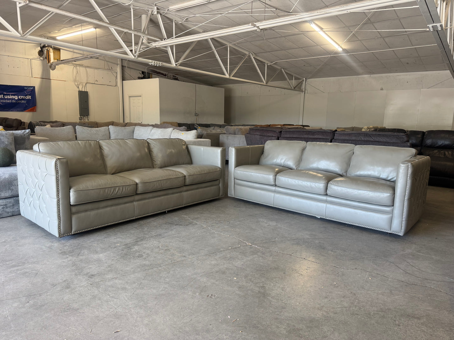 Gray Leather Couch Set with Ornate Nailhead Trim