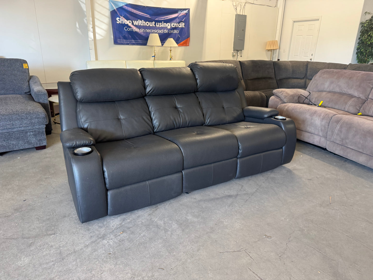 Gray Faux Leather Power Reclining Sofa with Drop-Down Console