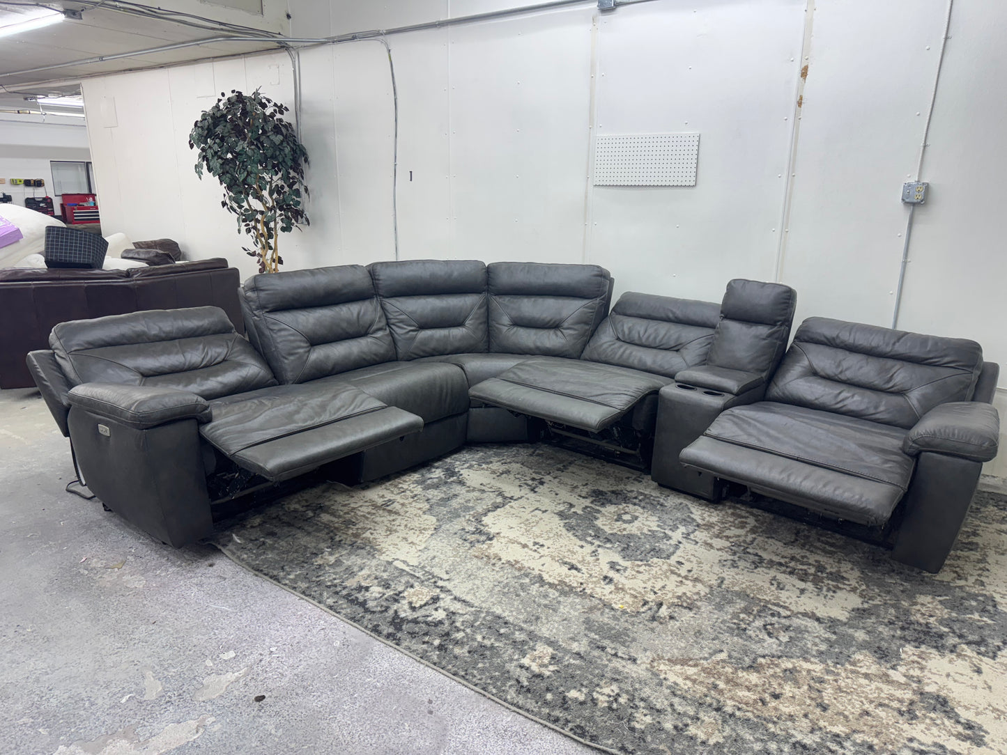 Charcoal Gray 6-Piece Modular Leather Sofa with 3 Electric Recliners