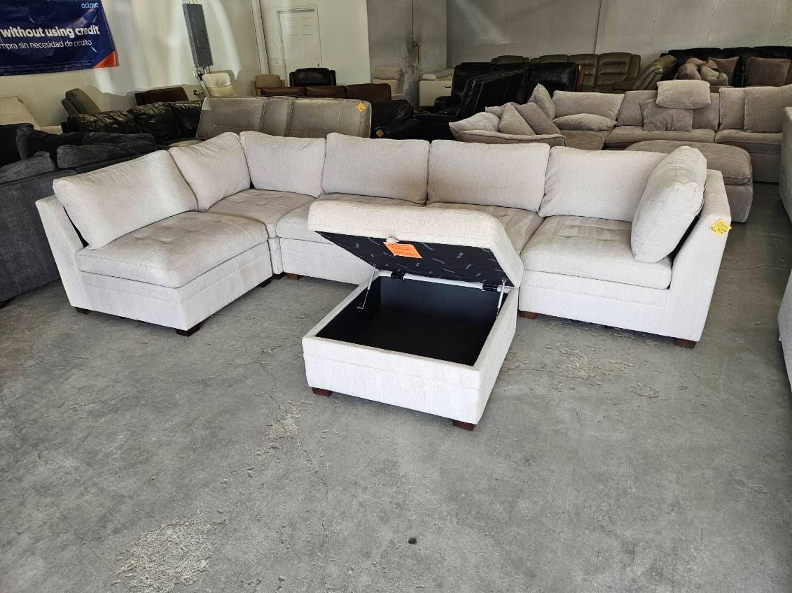 Beige 6 Piece Modular Sectional Sofa with Storage Ottoman