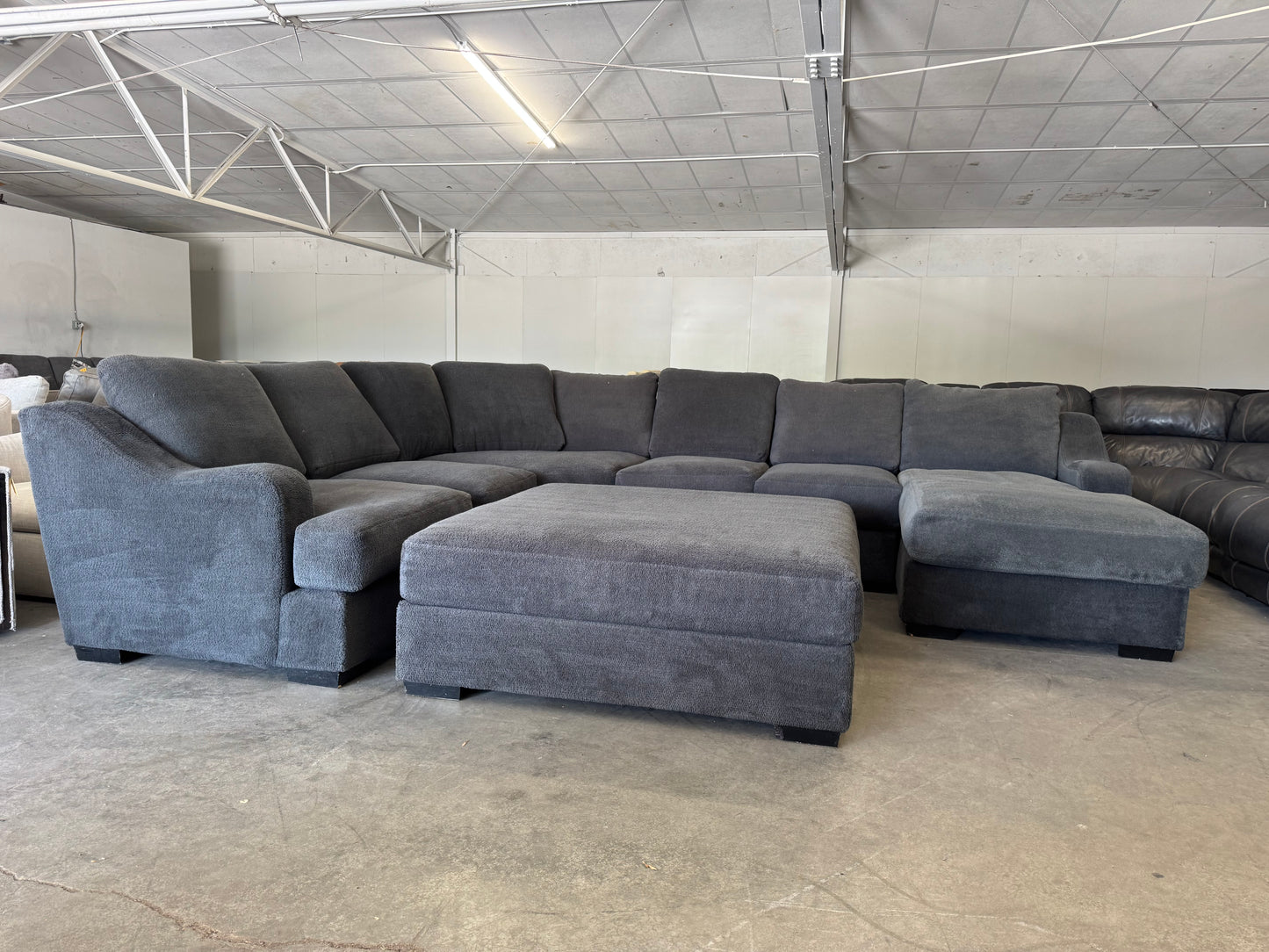 Oversized Charcoal Gray Plush Sectional with Ottoman