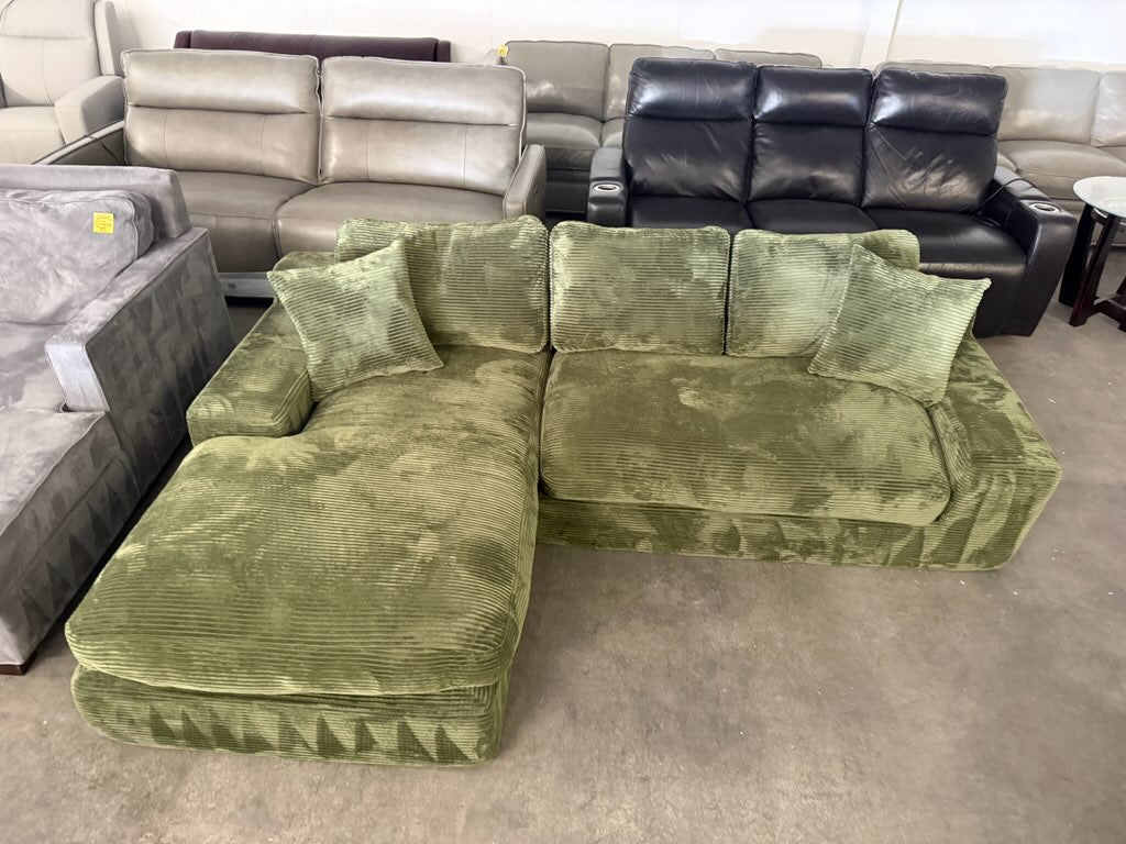 Green Plush Corduroy Boneless L-Shaped Sectional