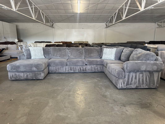 Gigantic Gray Plush U-Shaped Sofa with Oversized Chaise