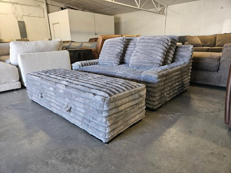 Gray Plush Corduroy Lounger with Storage Ottoman