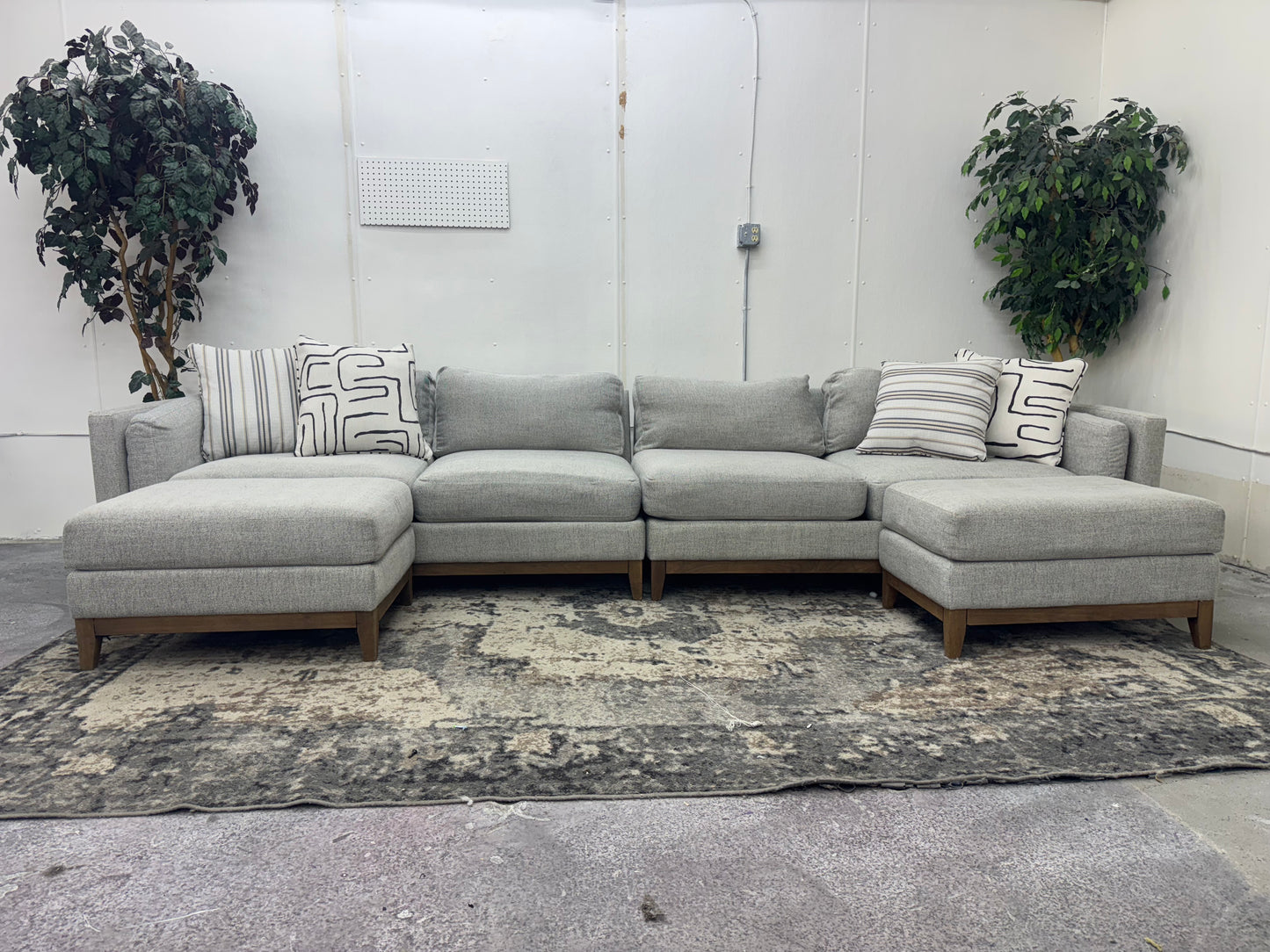 Huge Light Gray Mid-Century Modern Sofa w/ Two Ottomans