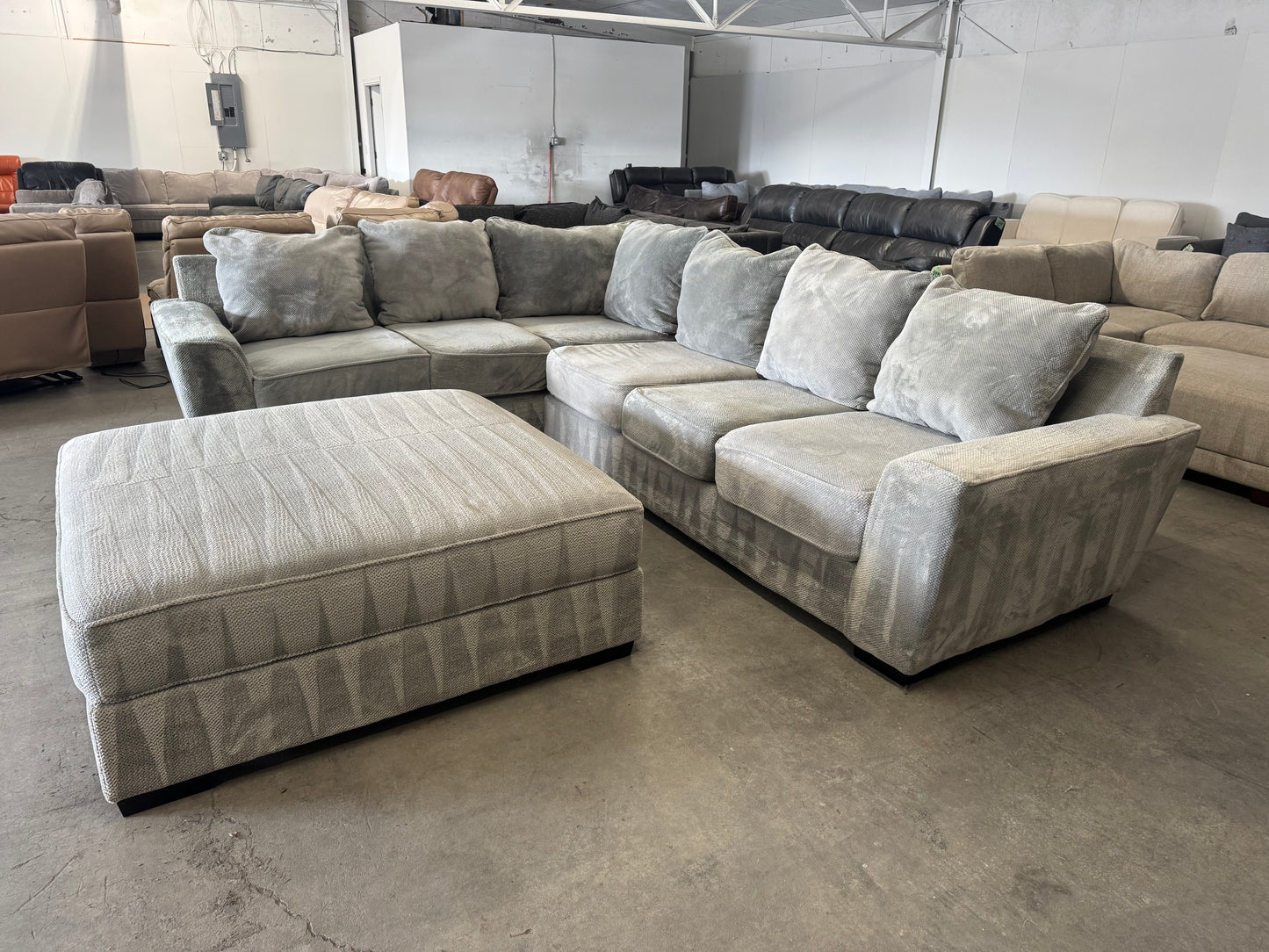 Huge Plush Light Gray L Shape Sectional Sofa with Oversized Ottoman
