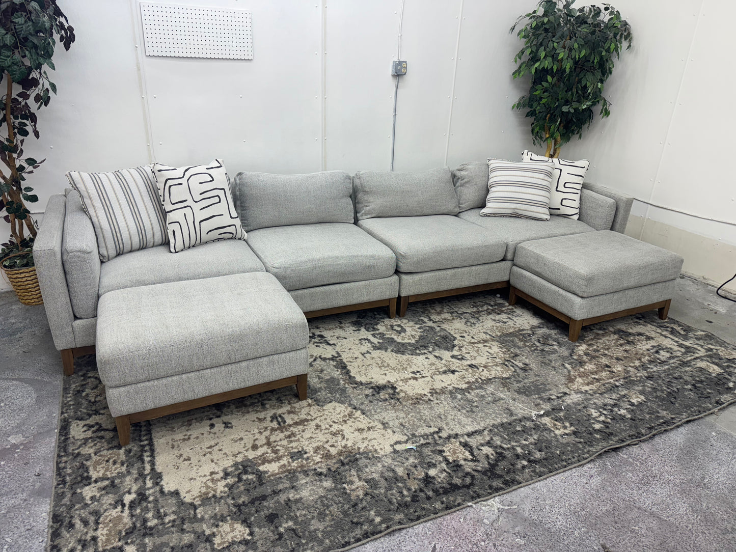 Huge Light Gray Mid-Century Modern Sofa w/ Two Ottomans