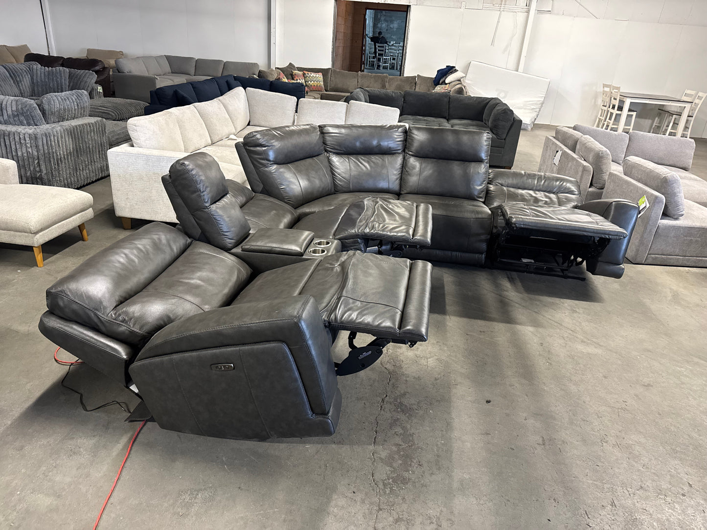 Dark Gray Leather 6-Piece Power Reclining Sectional w/ Power Headrests