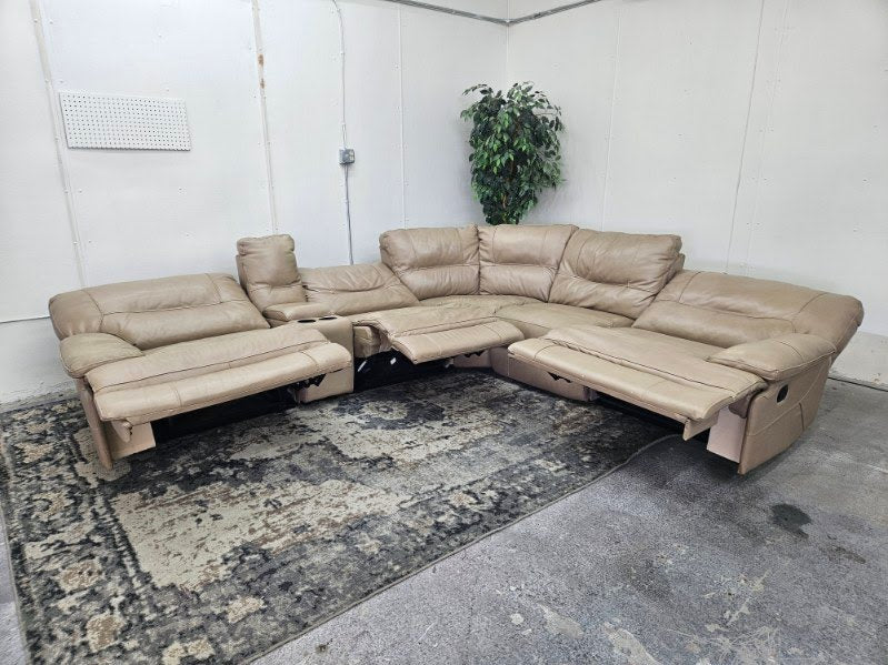 Beige Leather 6-Piece Modular Sofa with 3 Recliners