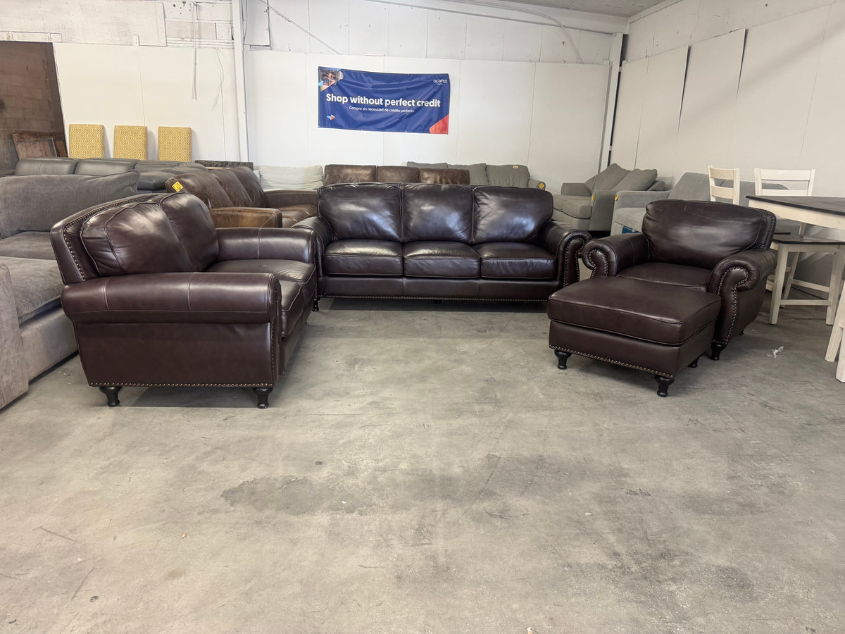 Brown Leather 4-Piece Sofa, Loveseat, Chair & Ottoman
