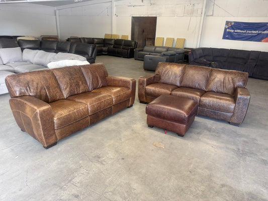 High-End Distressed Brown Leather Couches & Ottoman