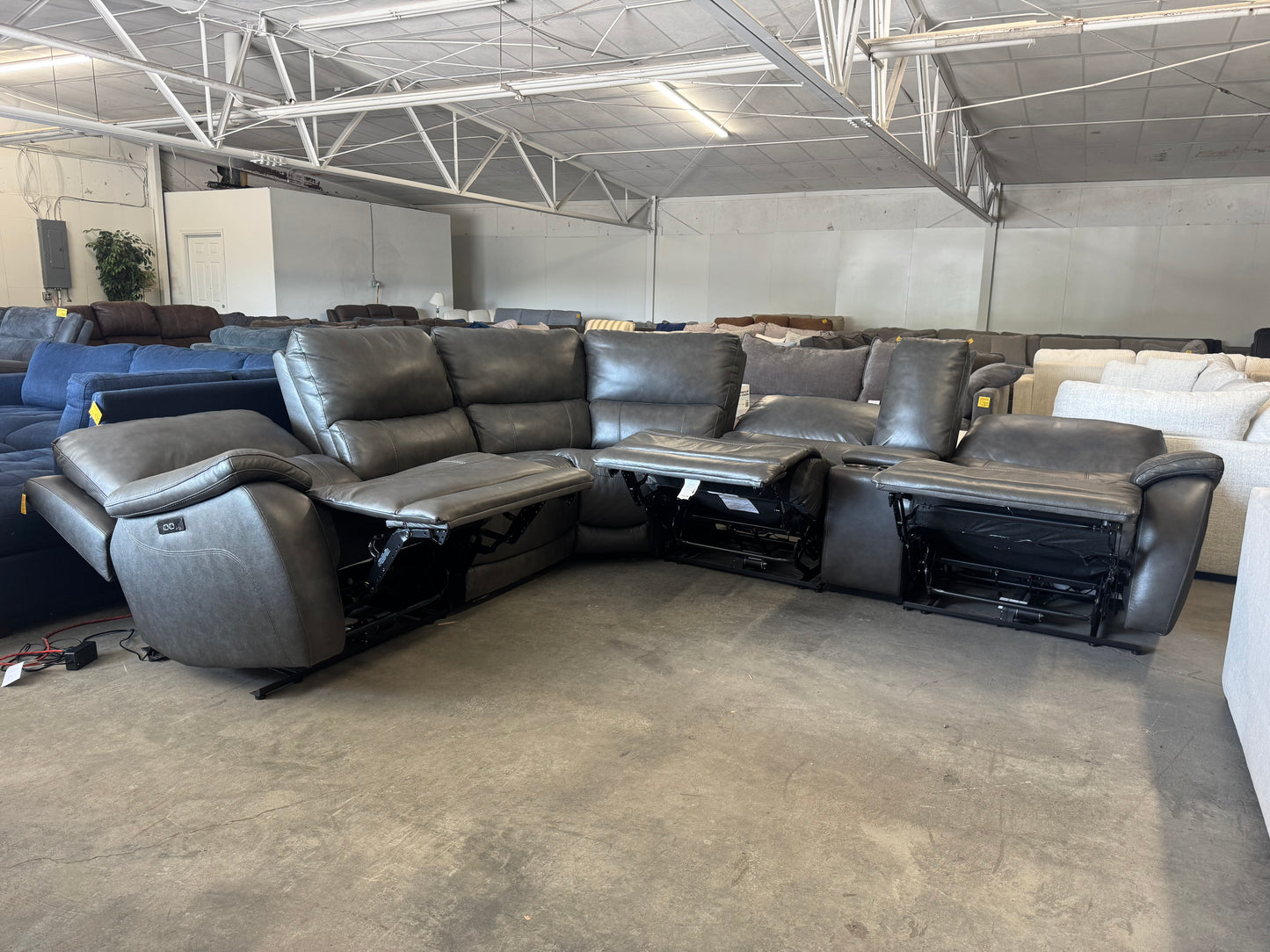 Charcoal Gray Leather 6-Piece Modular Sectional w/ 3 Power Recliners