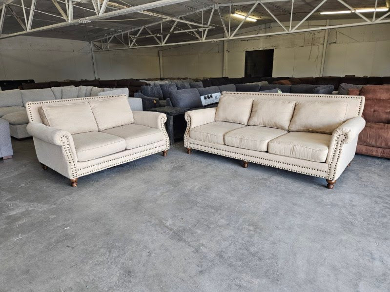 Couch and Loveseat Set - Beige Sofa and Loveseat with Ornate Trim