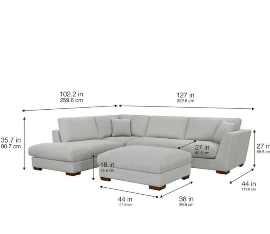 Gray/Beige Down-Filled Sectional Sofa with Oversized Chaise & Storage Ottoman