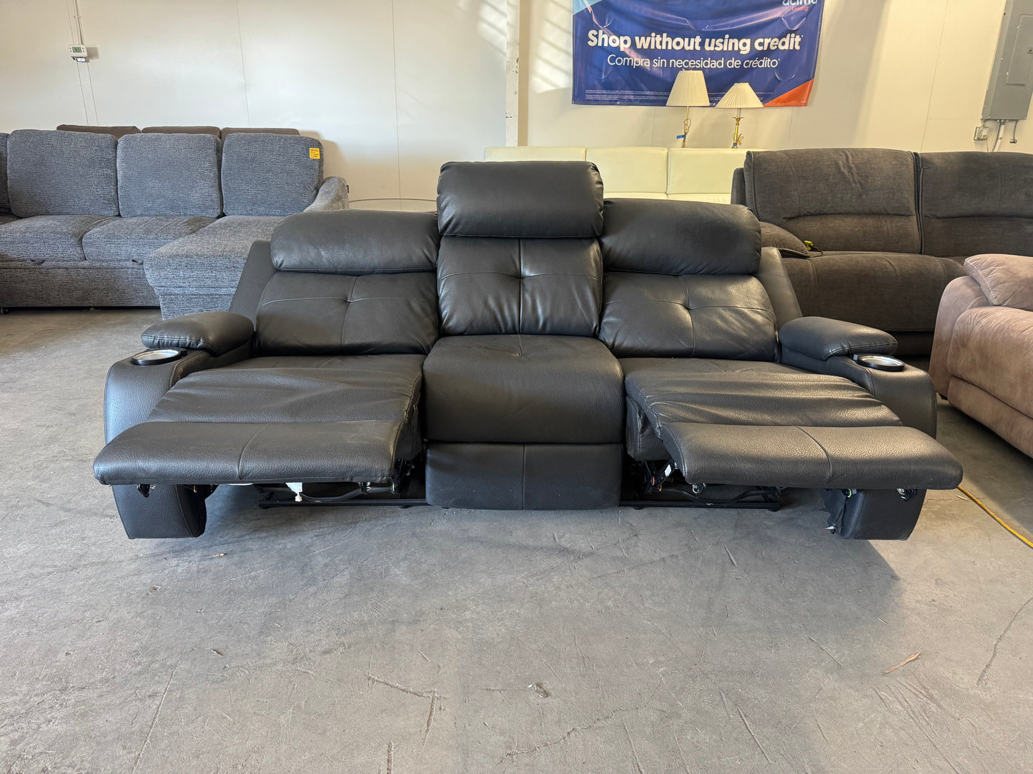 Gray Faux Leather Power Reclining Sofa with Drop-Down Console