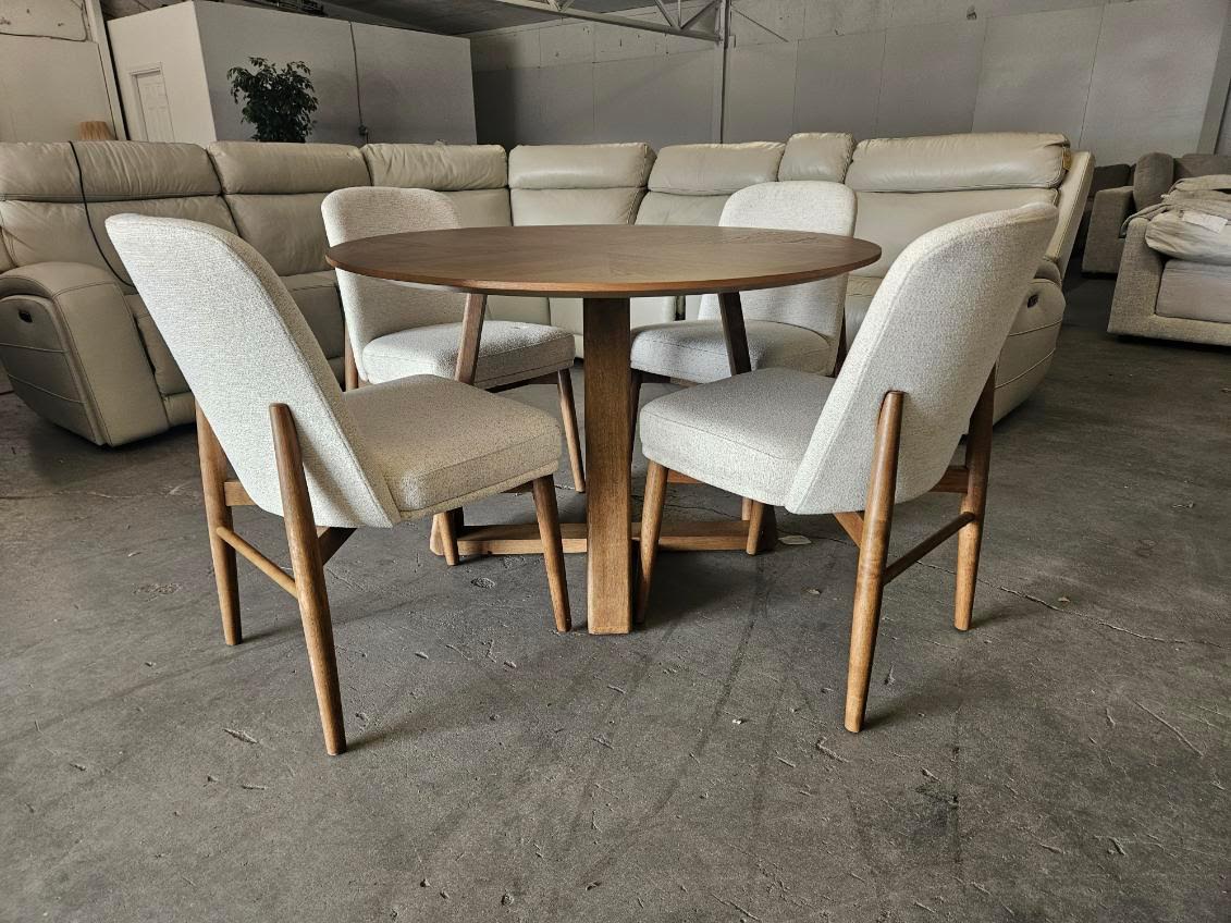 Dining Table Set – 48” Round Wood Table with 4 Upholstered Chairs