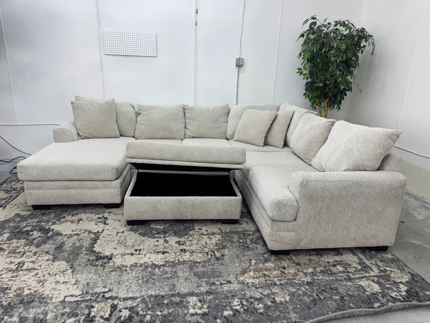 Beige U Shape Sectional Sofa with Storage Ottoman & Reversible Chaise