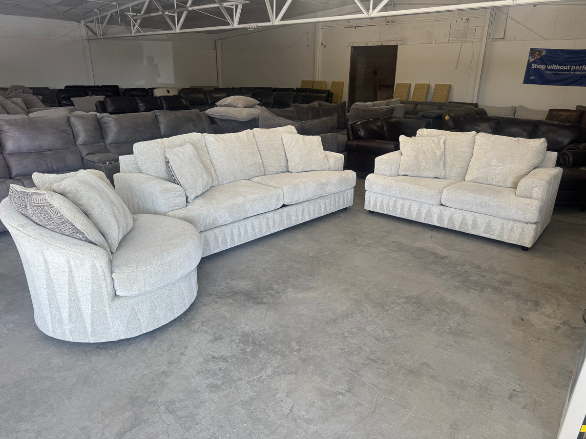 Living Room Set – Plush Beige Sleeper Sofa, Loveseat & Barrel Chair