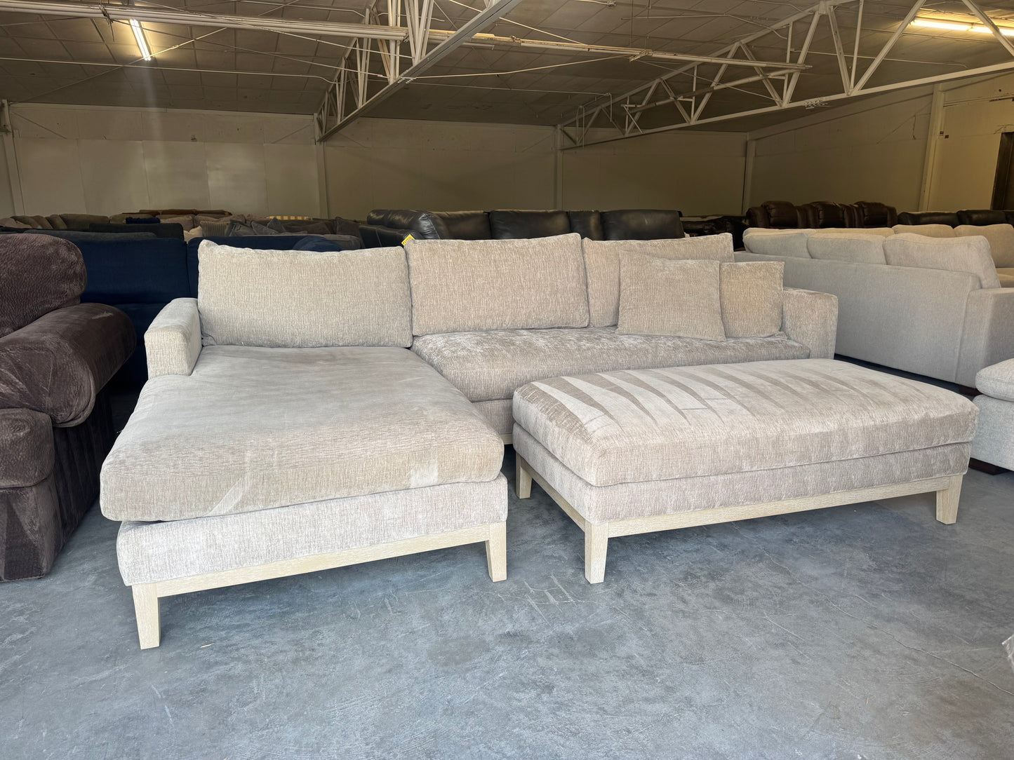 Down-Filled Mid-Century Modern Taupe Fabric L-Shape Sectional with Ottoman