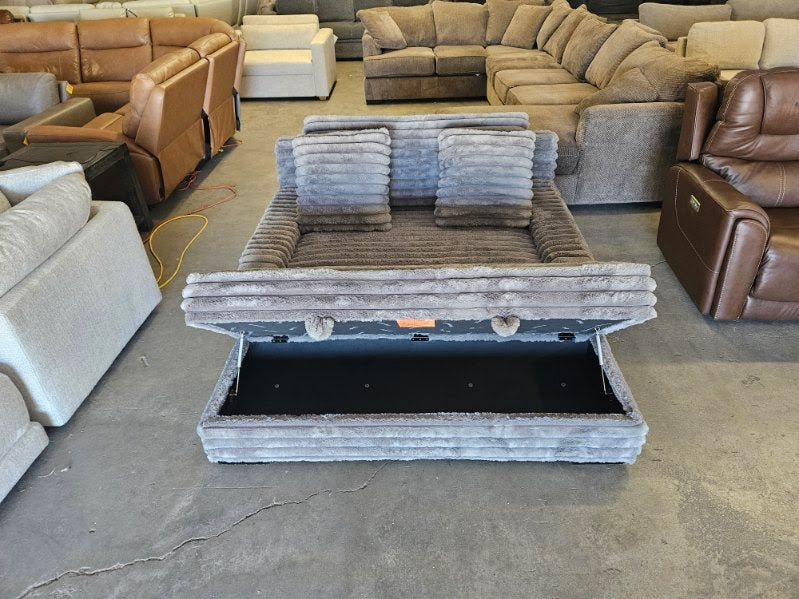 Gray Plush Corduroy Lounger with Storage Ottoman