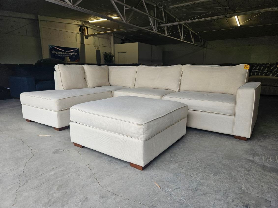 Beige Linen L-Shaped Sofa with Storage Ottoman