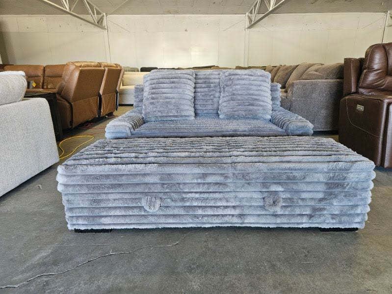 Gray Plush Corduroy Lounger with Storage Ottoman