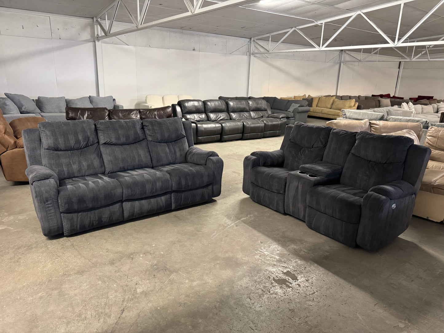 Couch + Loveseat Set – Dark Blue Fabric Power Recliners