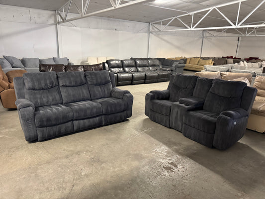 Couch + Loveseat Set – Dark Blue Fabric Power Recliners