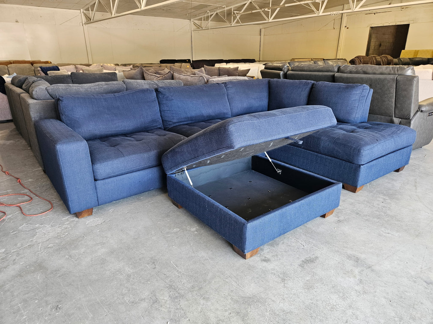 Blue L Shape Sectional with Storage Ottoman