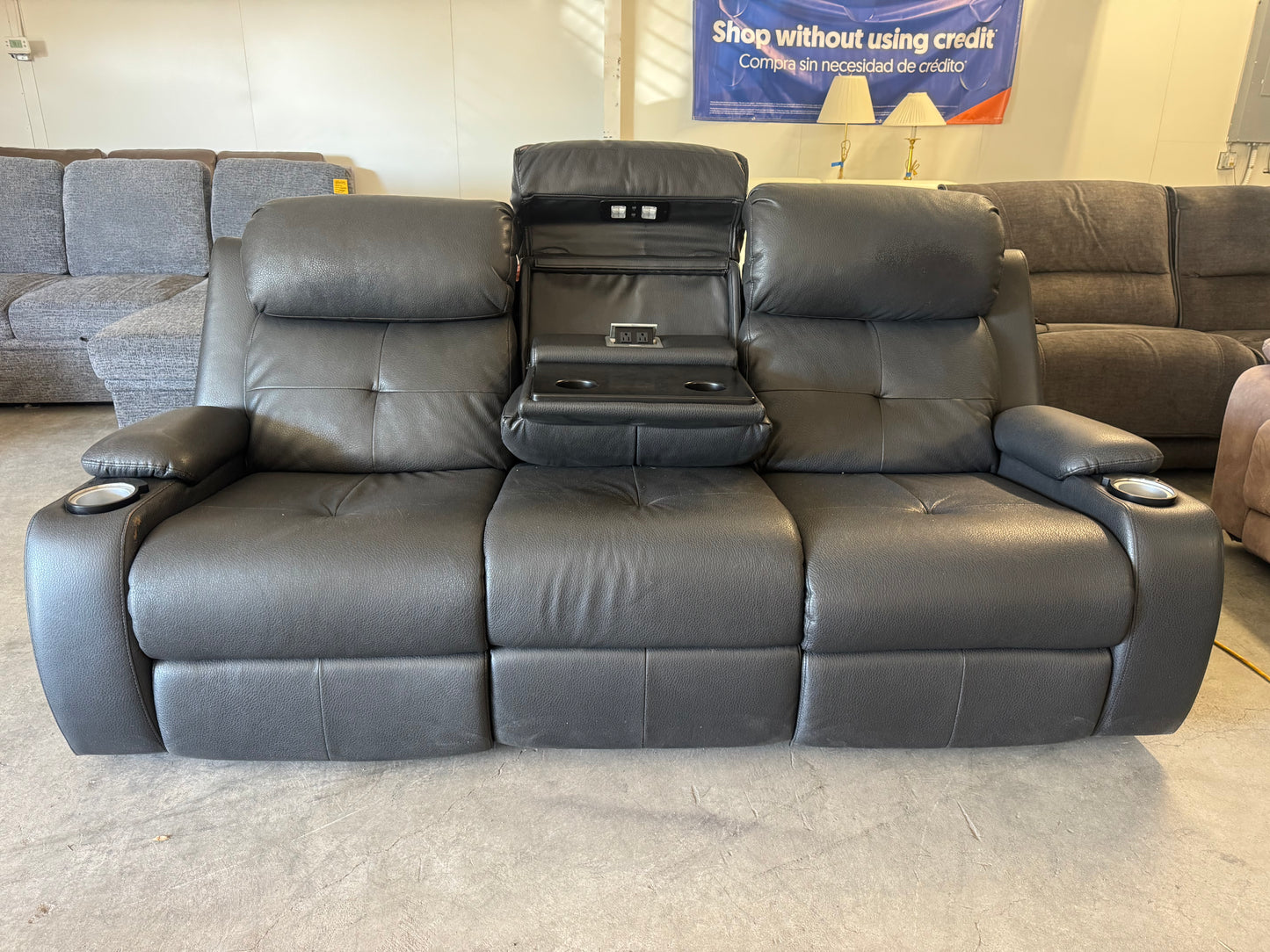 Gray Faux Leather Power Reclining Sofa with Drop-Down Console