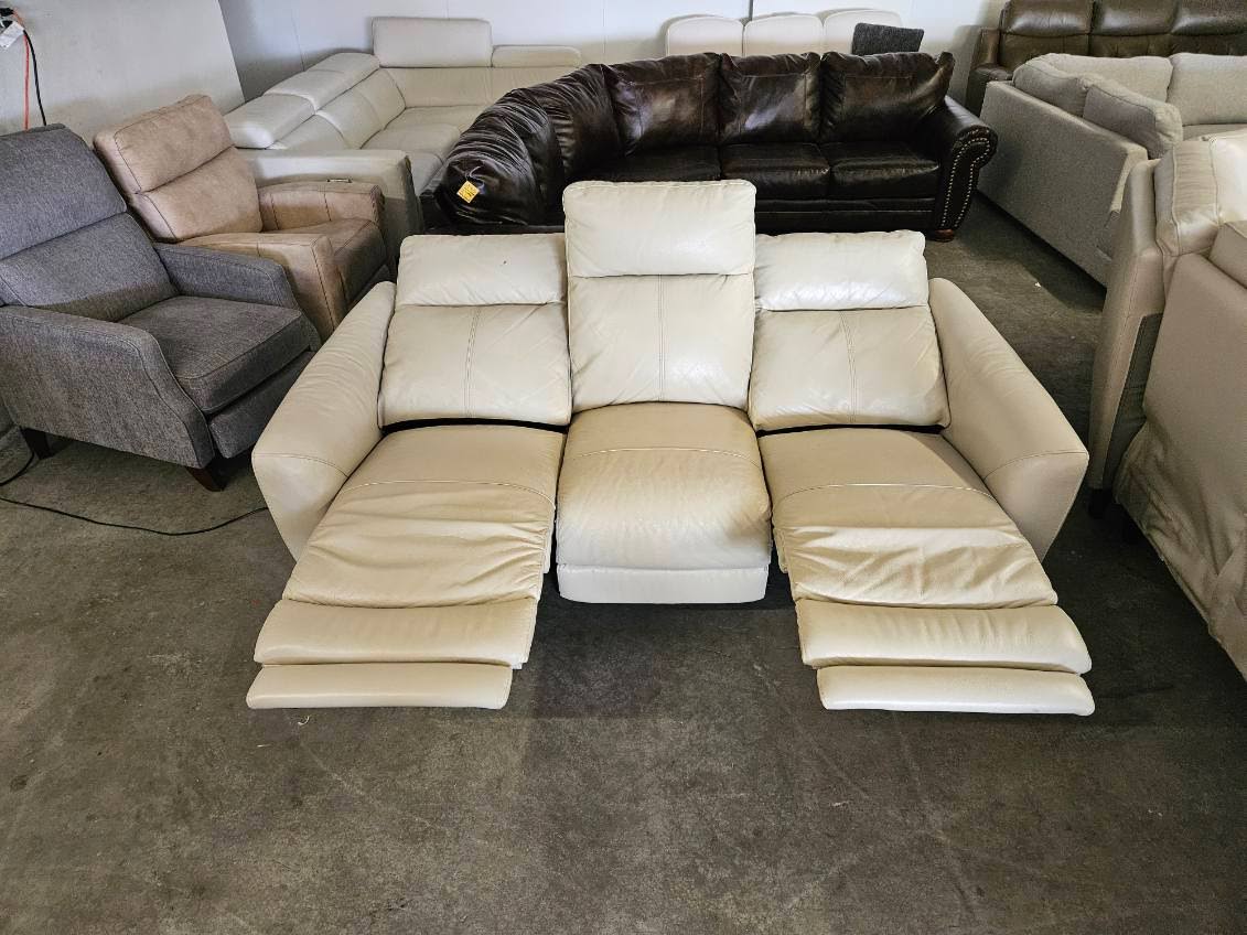 Cream Leather Power Reclining Sofa