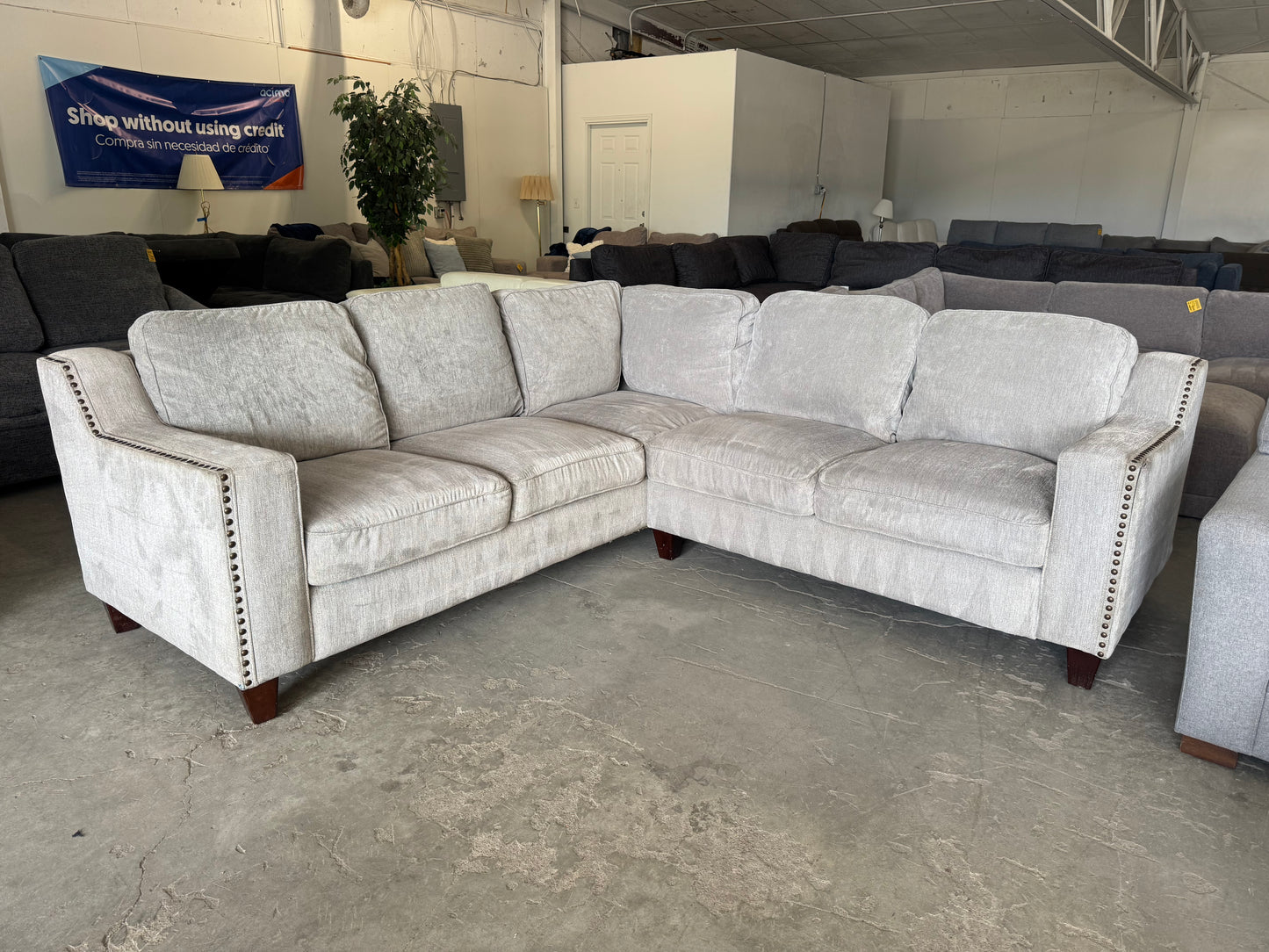 Gray & Beige L-Shaped Sectional with Nailhead Trim