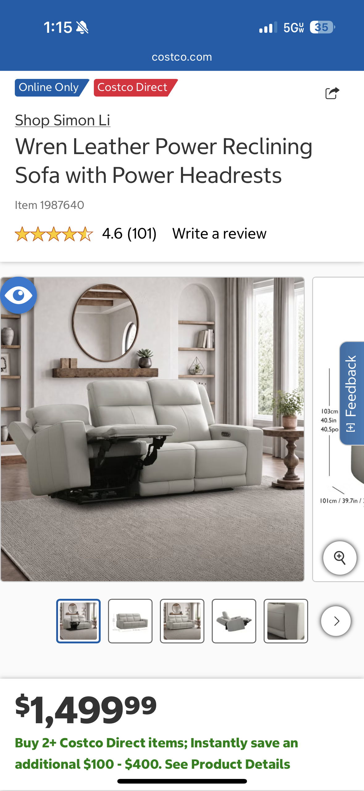 Simon Li Wren Leather Power Reclining Sofa & Zero Gravity Recliner