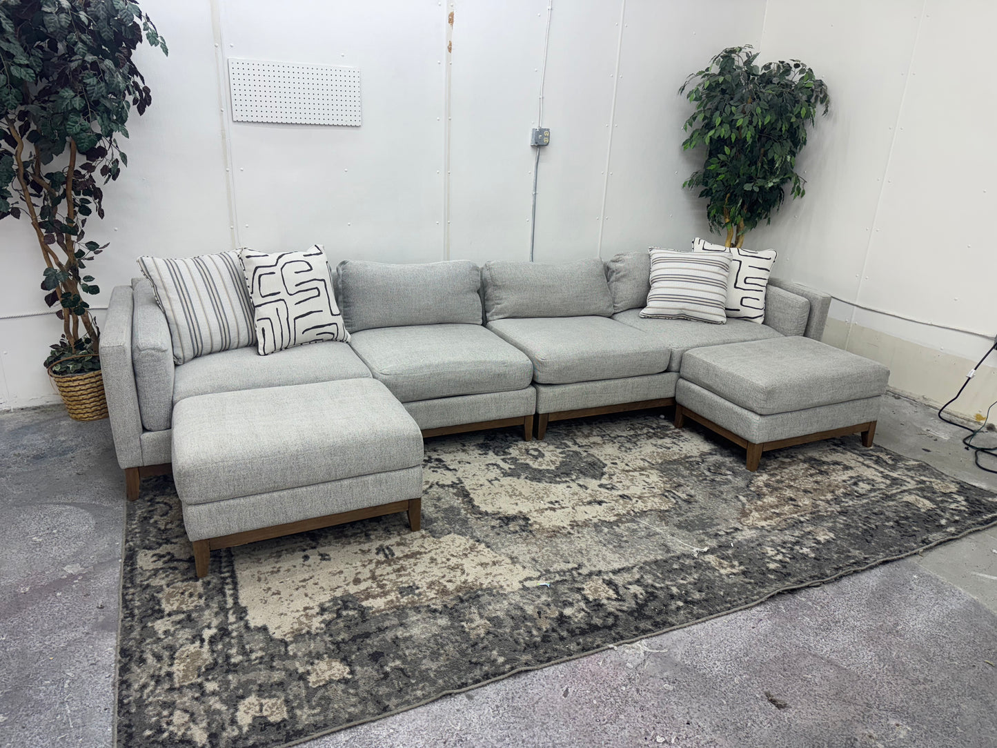 Huge Light Gray Mid-Century Modern Sofa w/ Two Ottomans