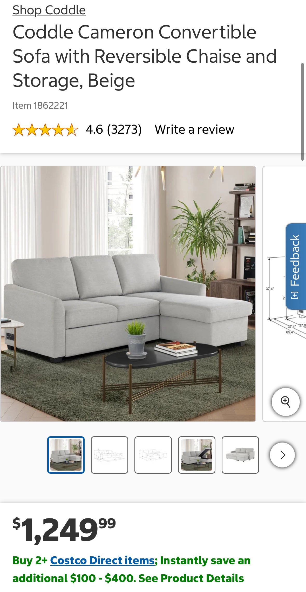 Beige Coddle Cameron Convertible Sleeper Sofa with Storage Chaise