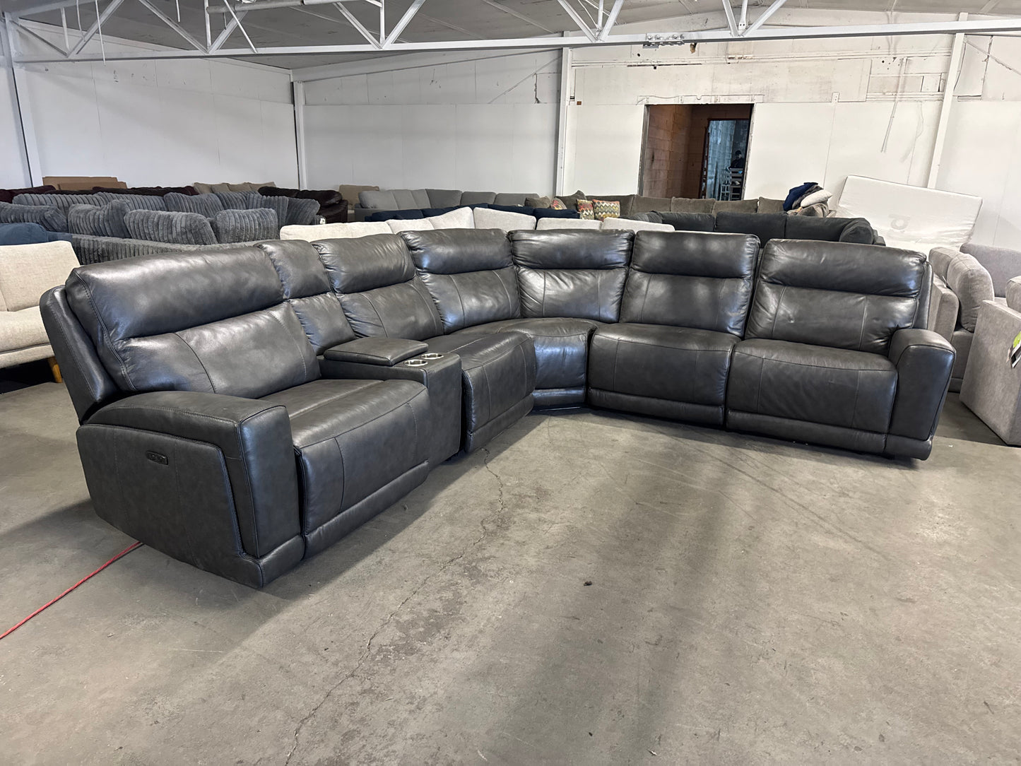 Dark Gray Leather 6-Piece Power Reclining Sectional w/ Power Headrests