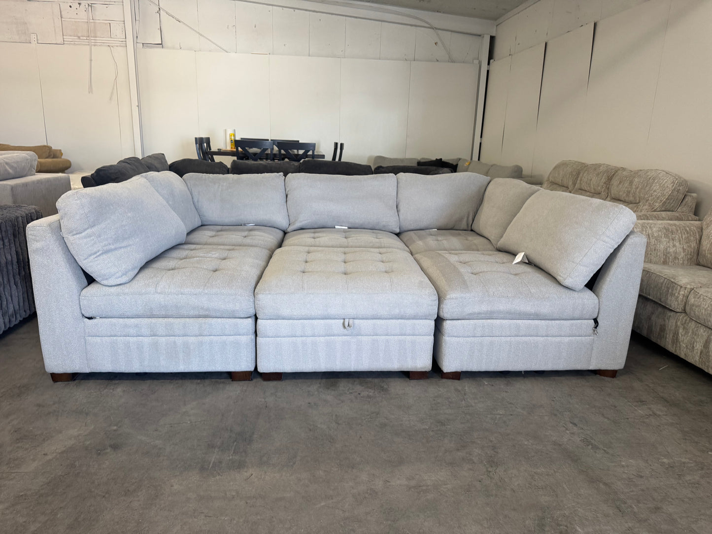 Beige Modular 6 Piece Sectional with Storage Ottoman