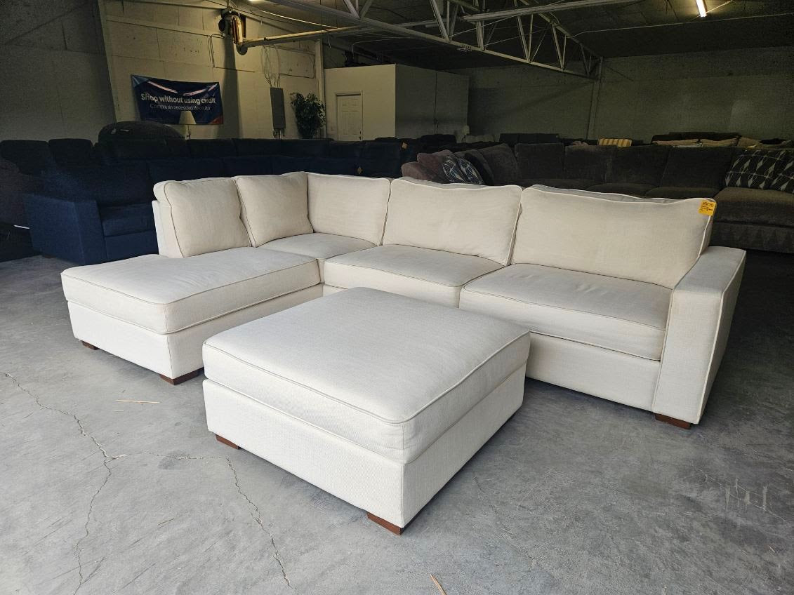 Beige Linen L-Shaped Sofa with Storage Ottoman