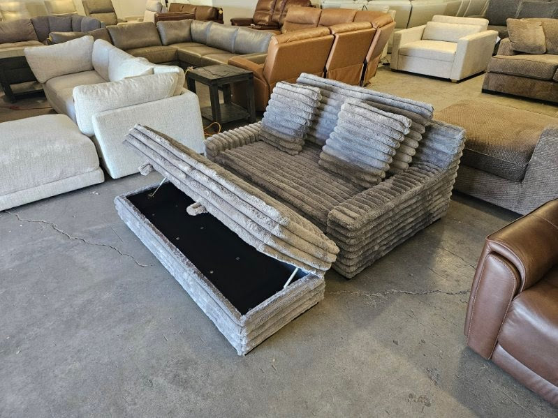 Gray Plush Corduroy Lounger with Storage Ottoman