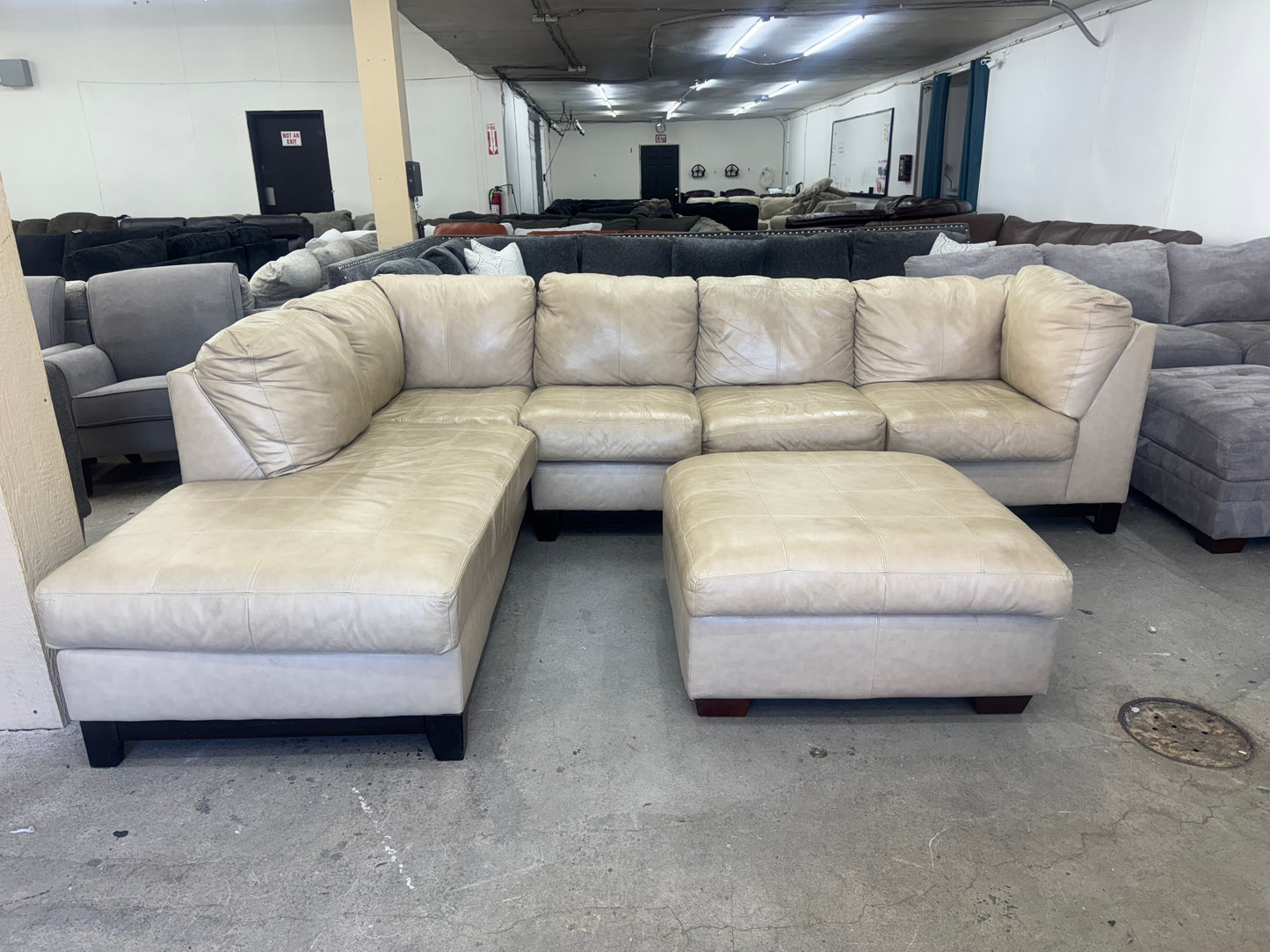 Beige Leather L Shape Sectional w/ Storage Ottoman