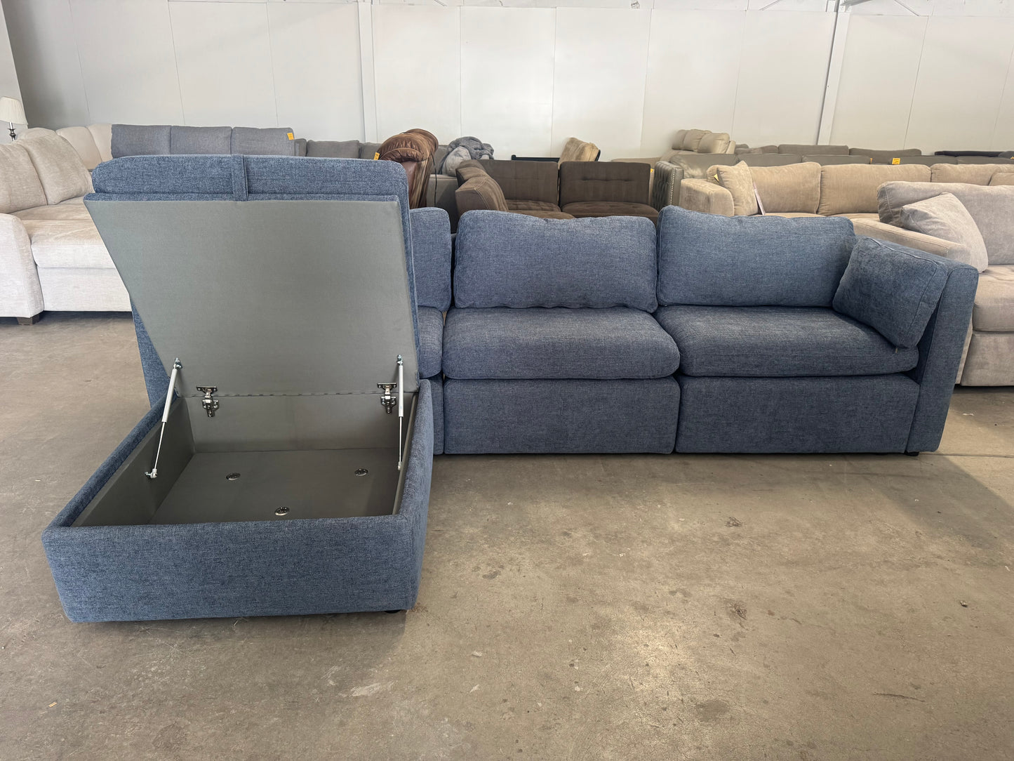 Denim Blue Modular Sofa with Storage Ottoman