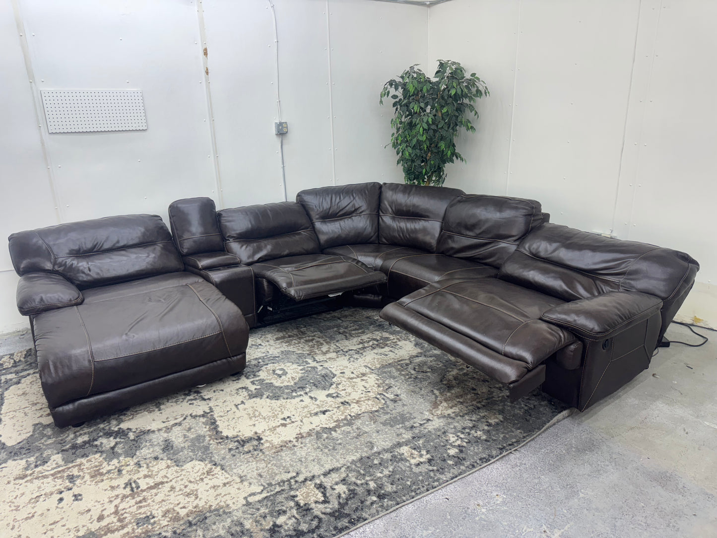 Brown 6-Piece Leather Modular Sectional Sofa w/ 2 Recliners & Reclining Chaise