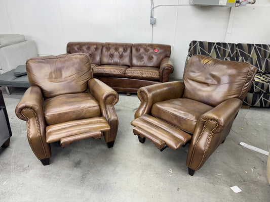 Brown Leather L Shape Sectional with 2 Armchairs