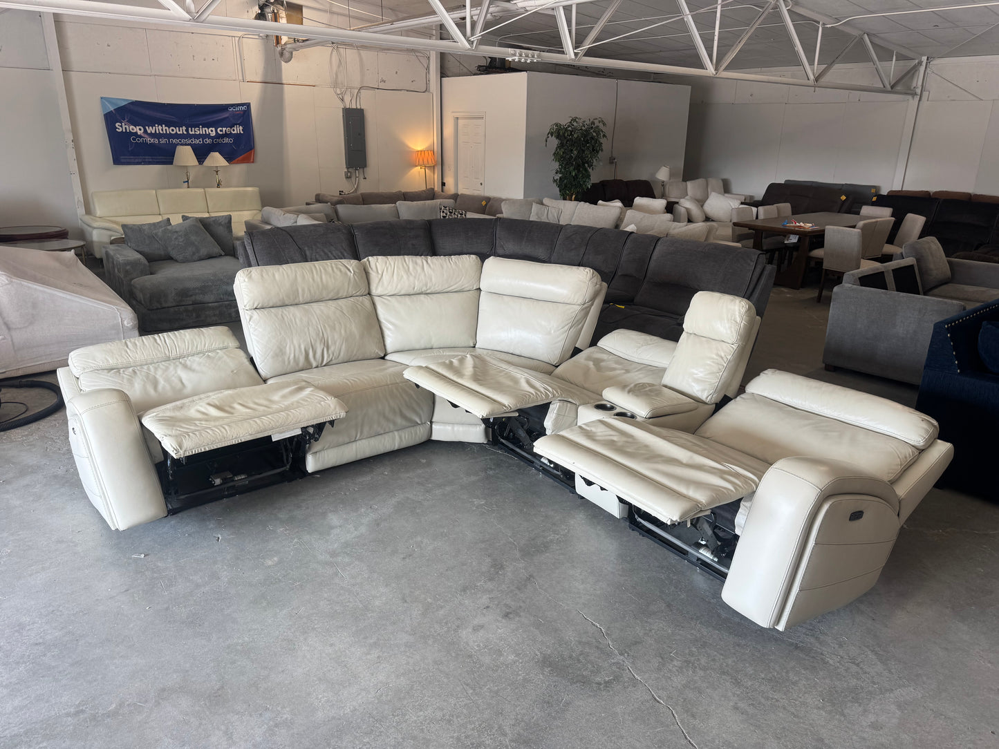Cream Leather 6-Piece Modular Sectional with 3 Power Recliners