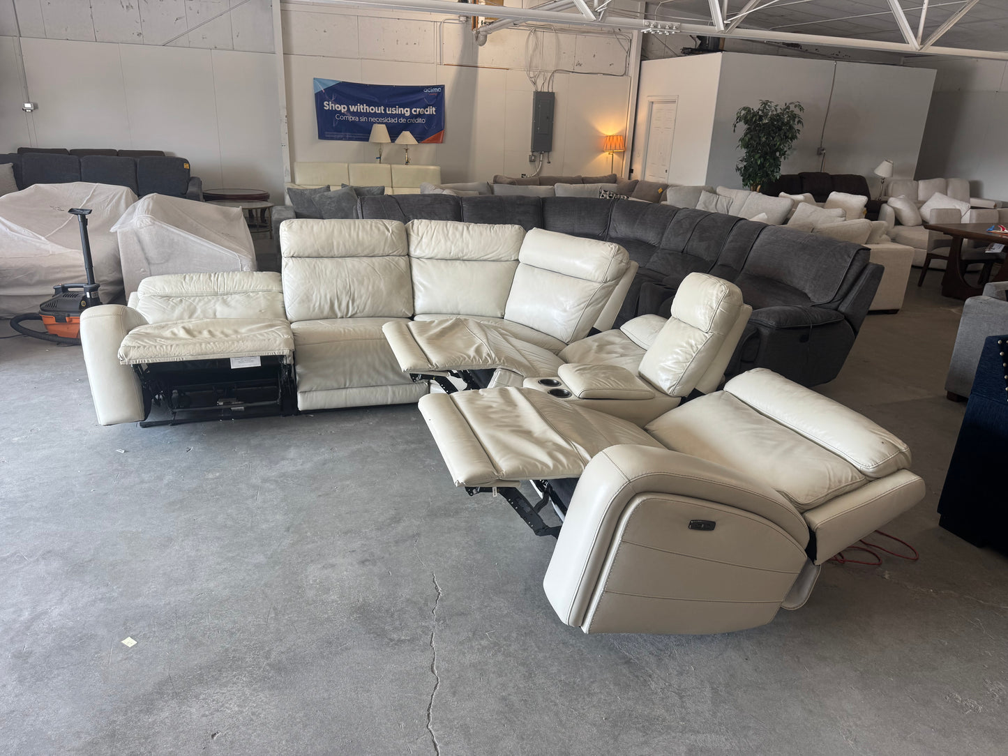 Cream Leather 6-Piece Modular Sectional with 3 Power Recliners