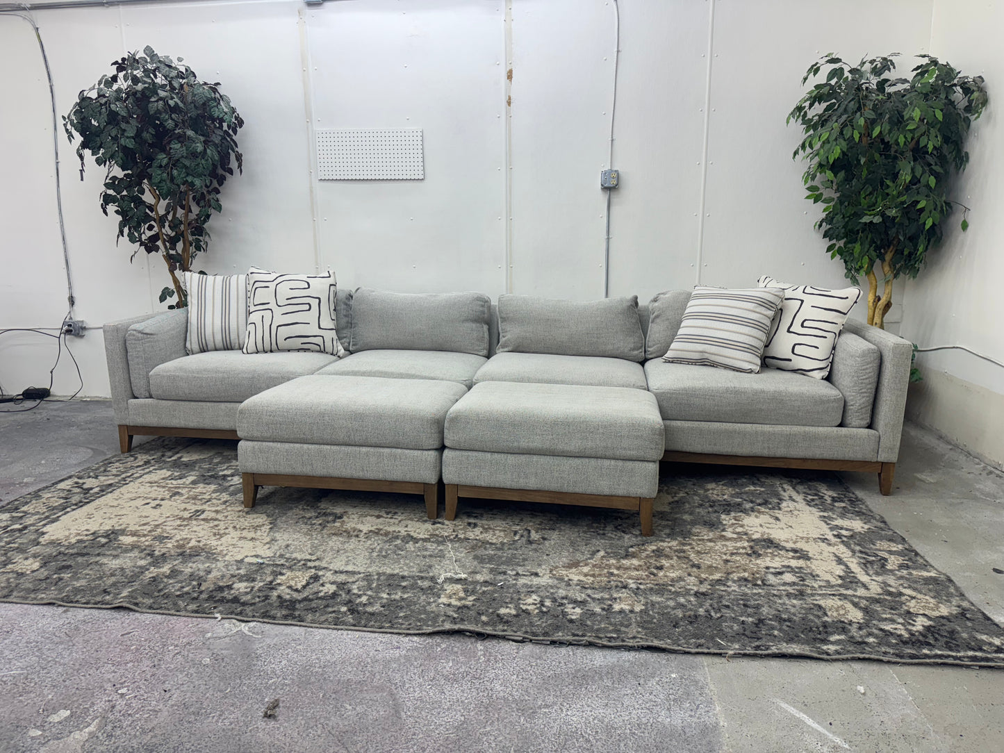 Huge Light Gray Mid-Century Modern Sofa w/ Two Ottomans