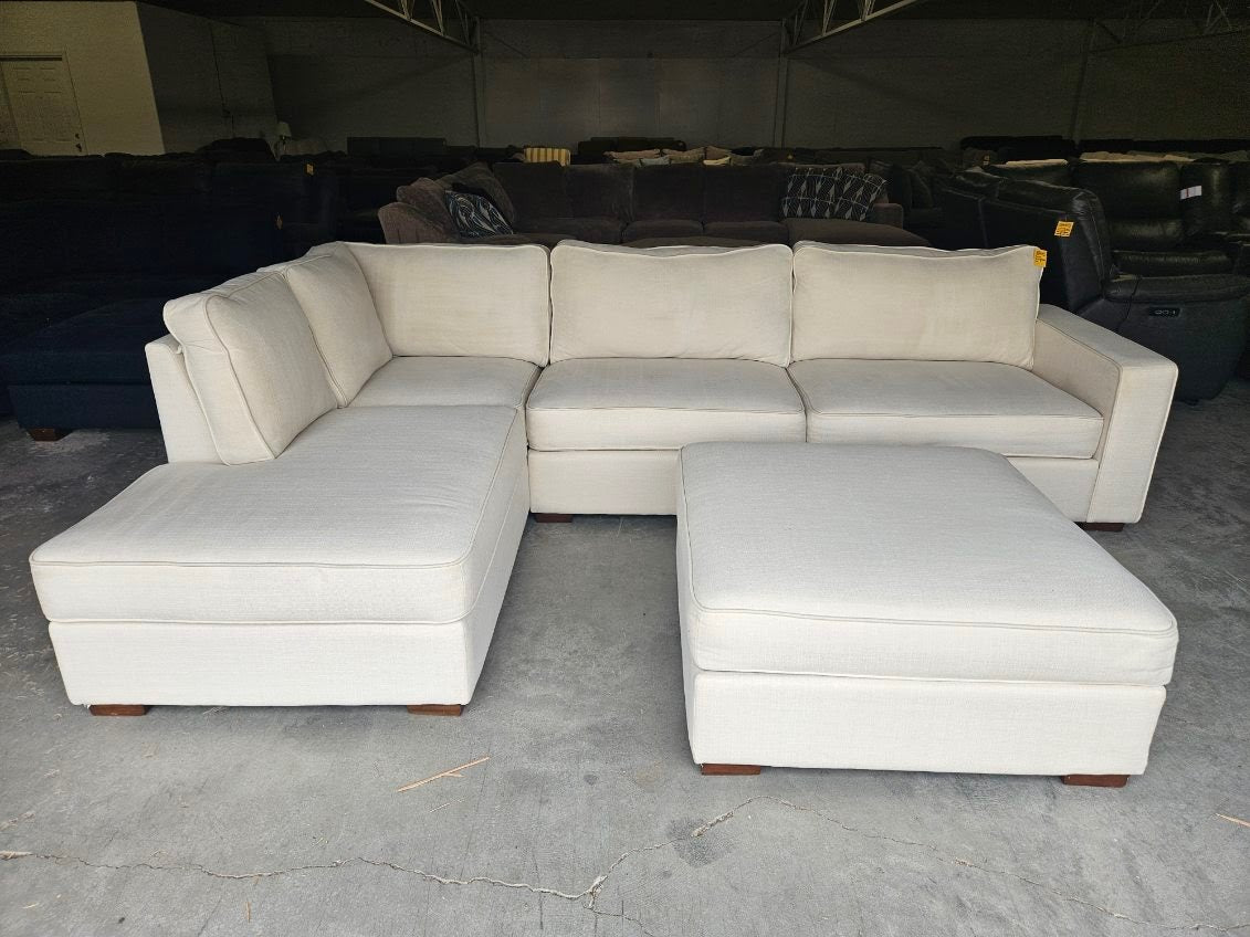 Beige Linen L-Shaped Sofa with Storage Ottoman