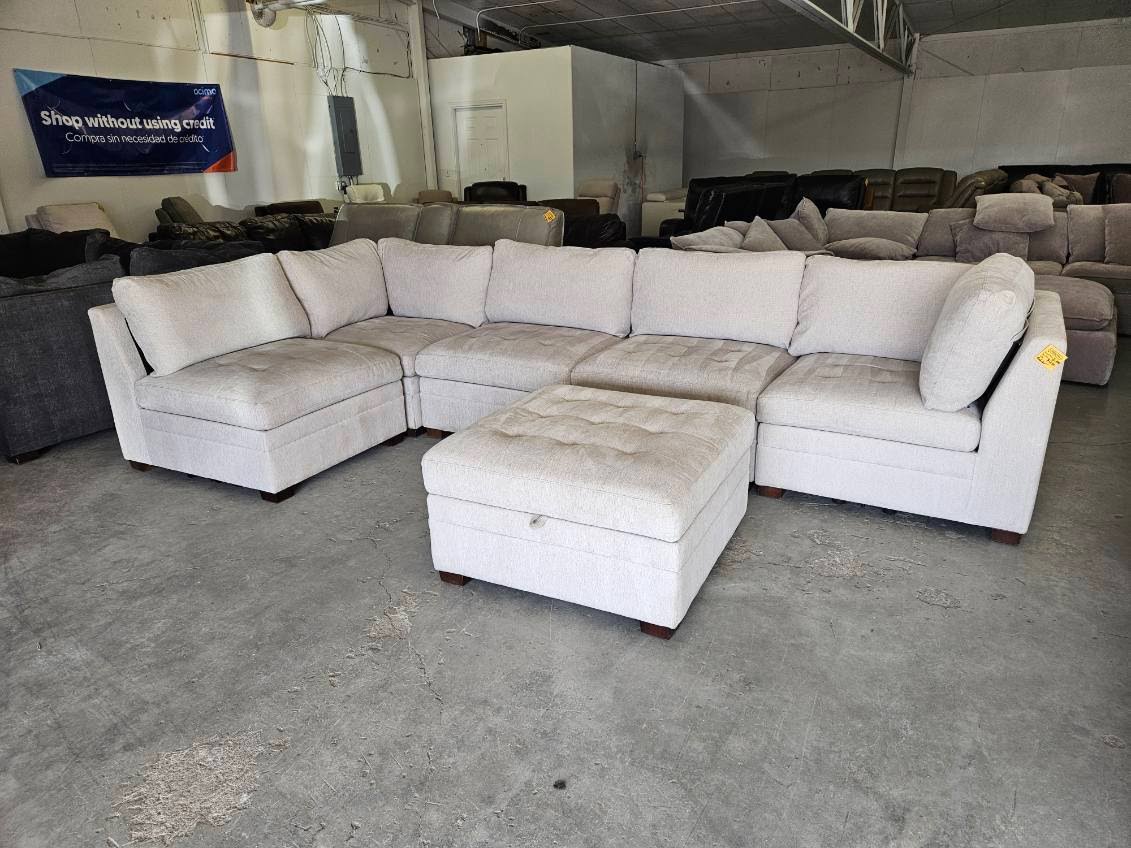 Beige 6 Piece Modular Sectional Sofa with Storage Ottoman
